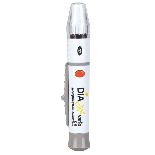 Prikpen Diaclix Vario. Wit, grijs en transparant. Oranje knop en grijze ontgrendeling. CE-markering.