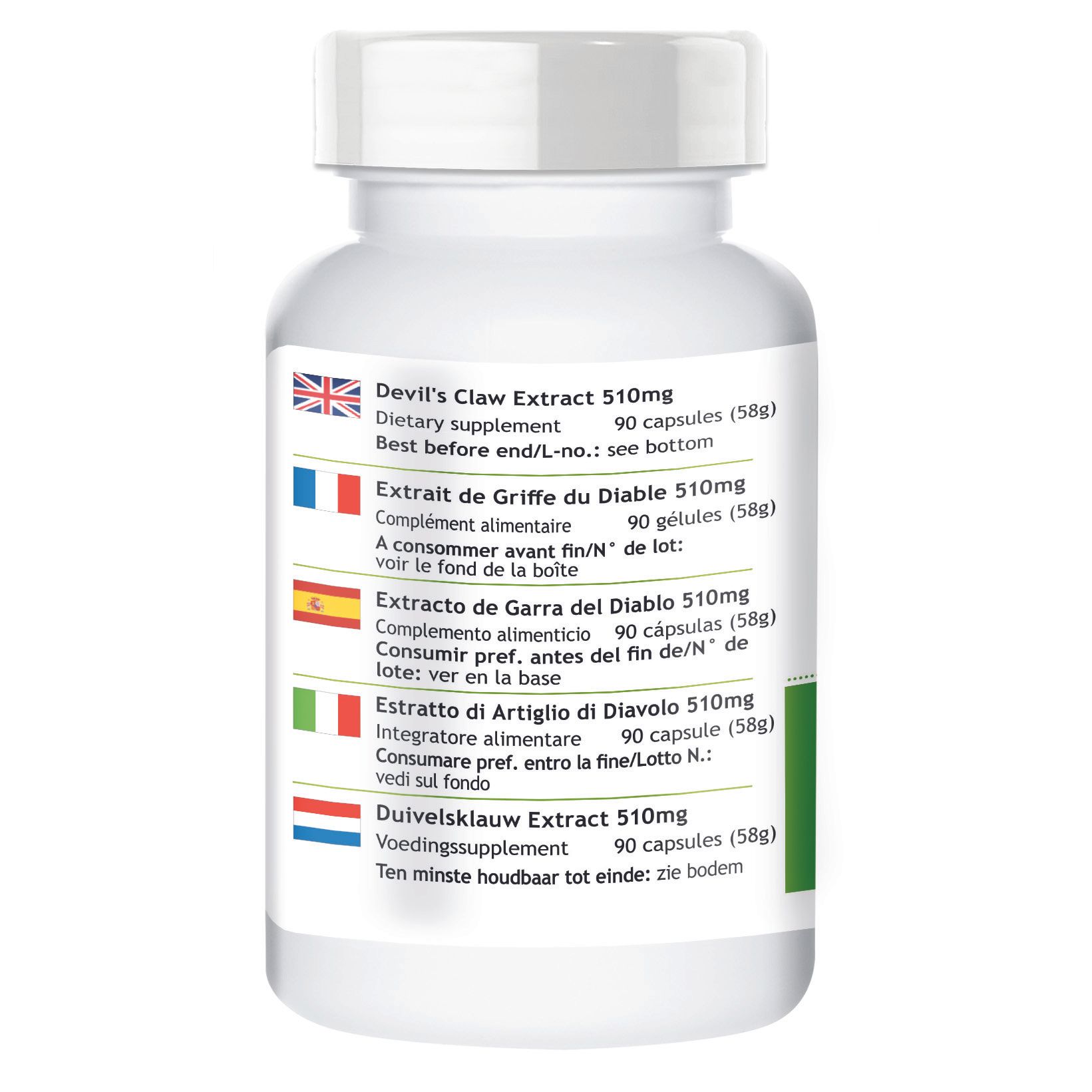 Dos du flacon avec informations produit multilingues. Contient: Devil's Claw Extract 510mg, Extrait de Griffe du Diable 510mg, etc.