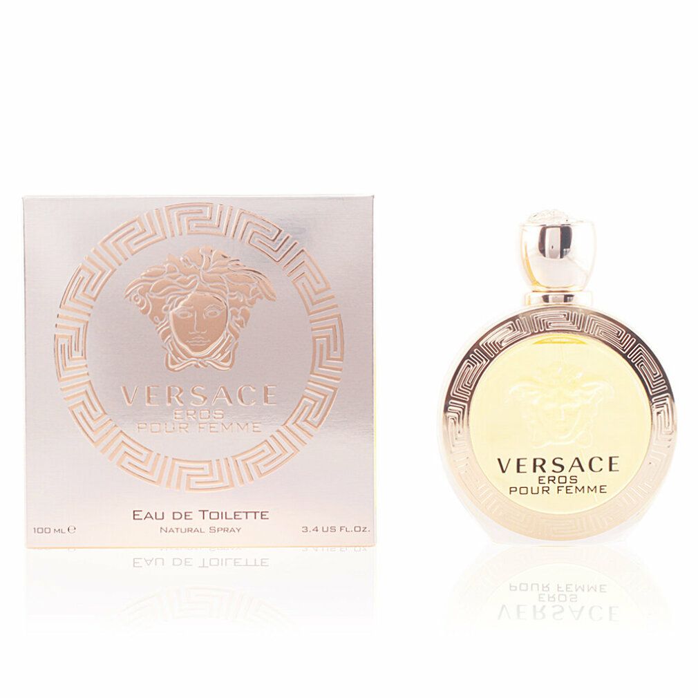Versace Eros pour Femme Eau de Toilette. Flacon rond et boîte. Détails dorés. Inscriptions visibles.