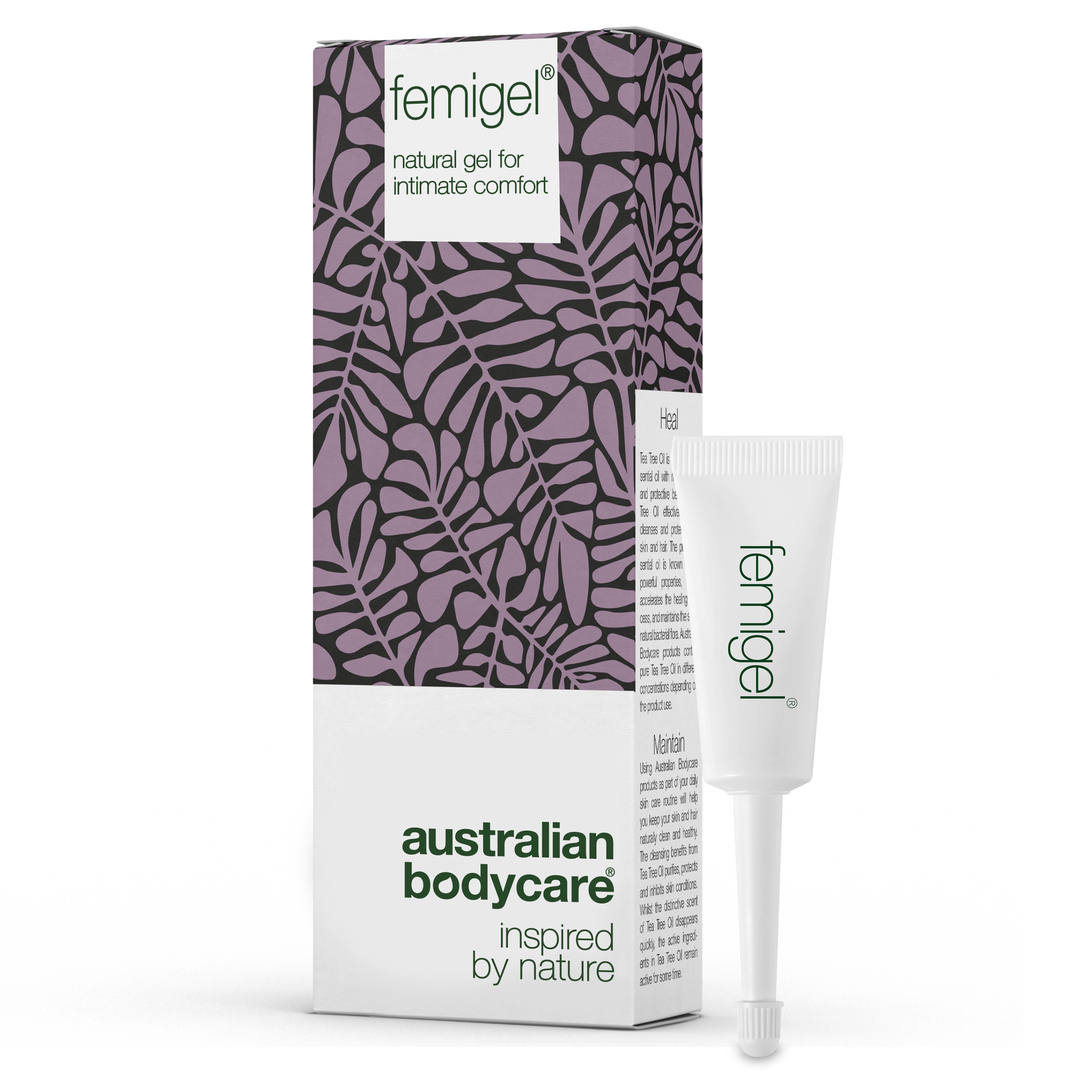Tube et emballage Femigel. Emballage avec motif floral. Texte : Femigel, gel naturel pour le confort intime.