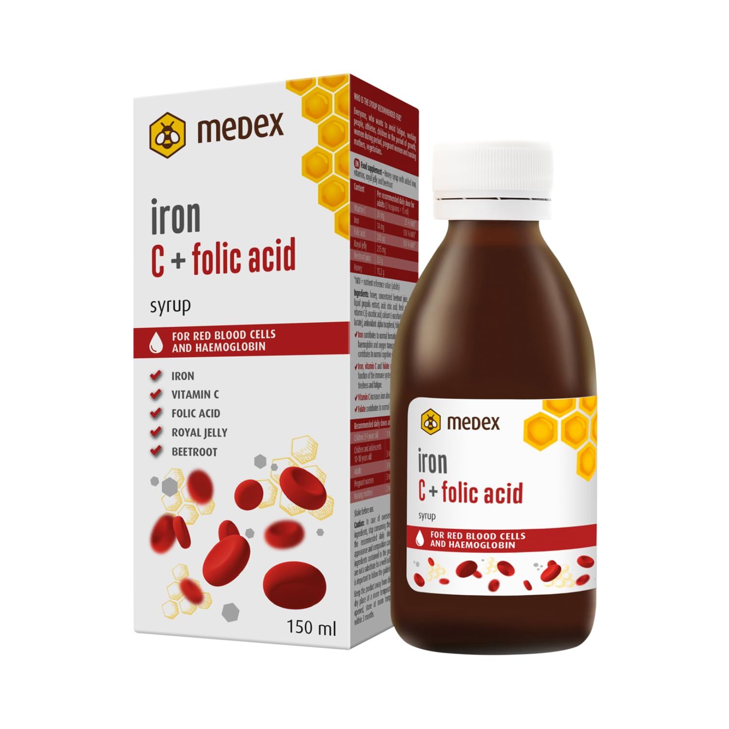 Medex Fer C + Acide Folique Sirop : Bouteille et boîte du produit sur fond blanc. Illustration de globules rouges sur l'emballage.