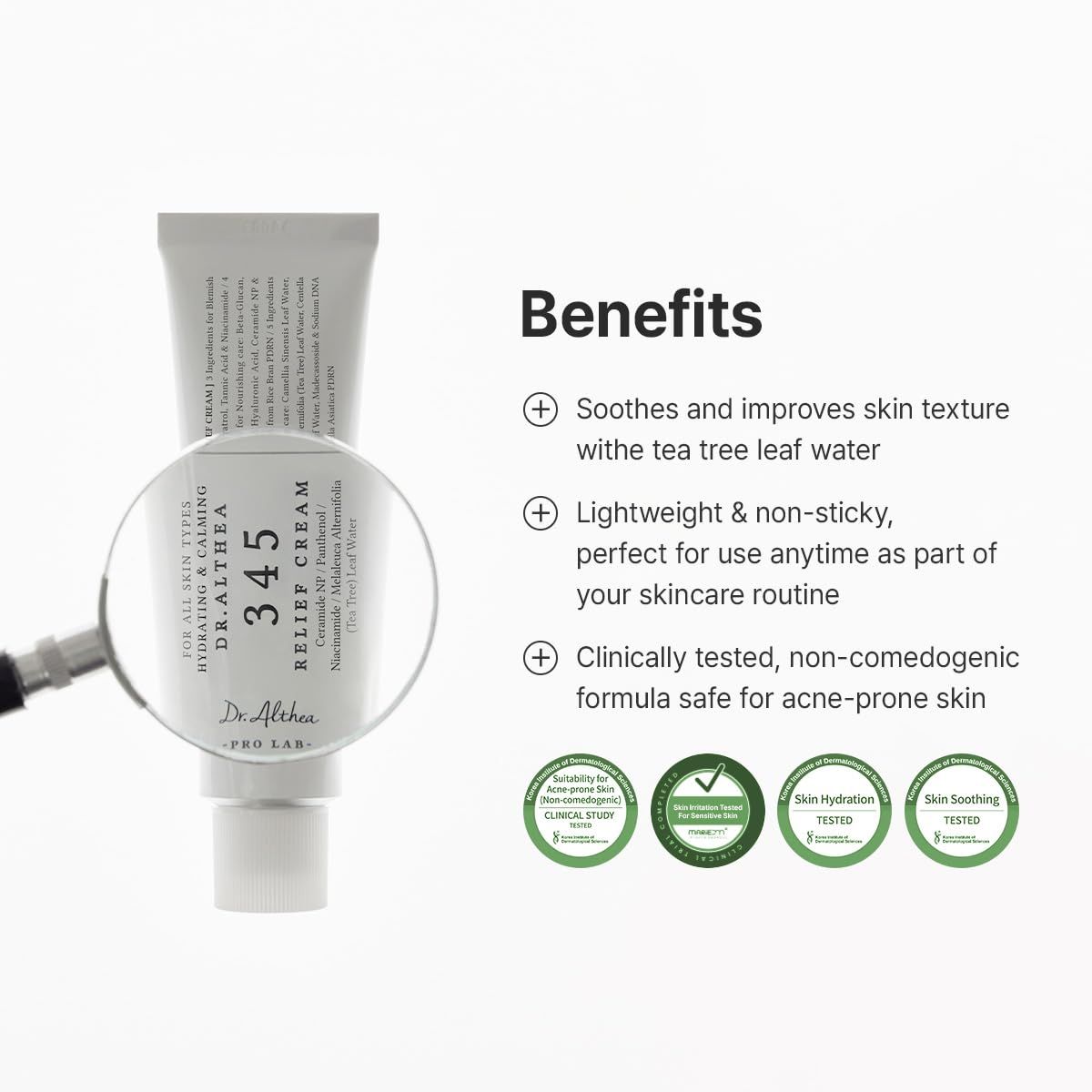 Tube Dr. Althea 345 Relief Cream avec loupe et texte. Texte: Apaise et améliore la texture de la peau, léger et non collant, testé cliniquement.