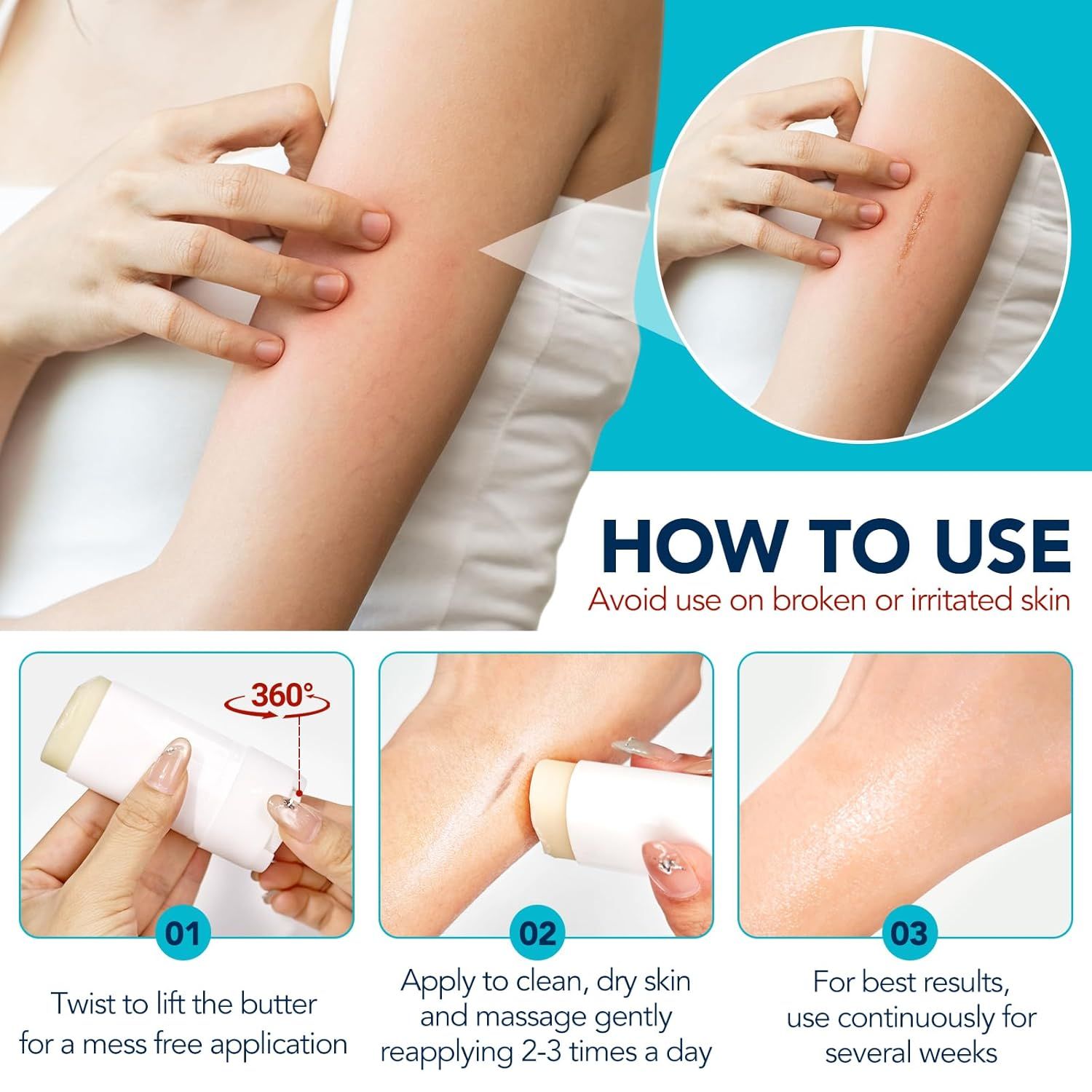 Instructies voor gebruik van "Scar Butter" stick. 1. Draaien. 2. Aanbrengen. 3. Continu gebruiken. Vermijd op geïrriteerde huid.