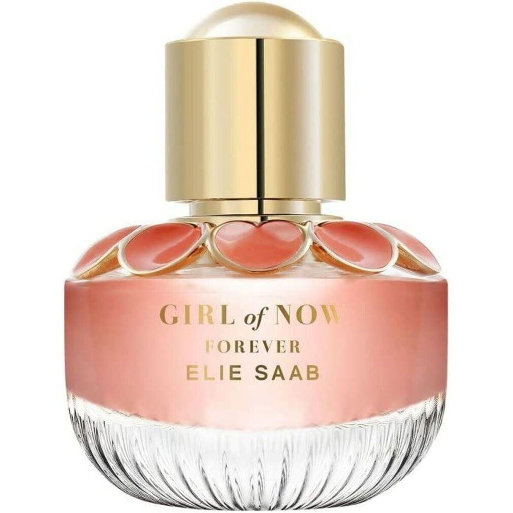 Flacon de parfum. Liquide rose, bouchon doré, décor floral. Texte GIRL of NOW FOREVER ELIE SAAB.