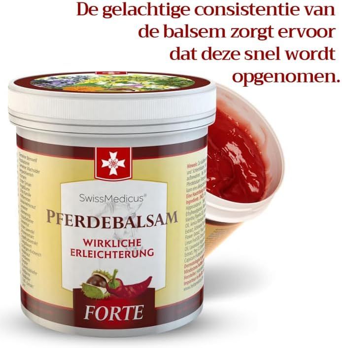 Grafiek met tekst 'SwissMedicus Paardenbalsem Forte verwarmende inhoud:', productafbeelding en lijst met ingrediënten.