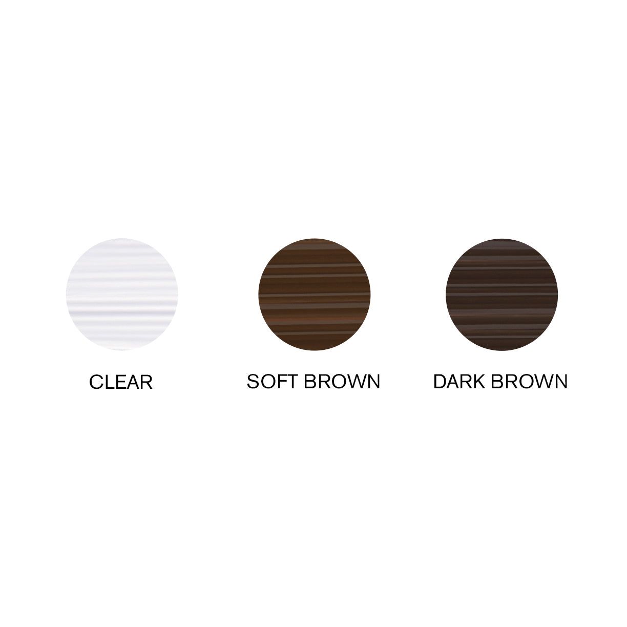 Drie cirkels met kleuren: Clear, Soft Brown, Dark Brown. Labels onder elke cirkel. Voorbeelden van wenkbrauwgel tinten.