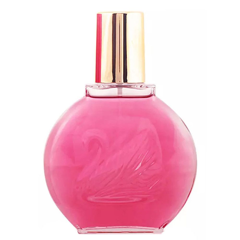 Flacon de parfum rose rond avec bouchon doré. Cygne en relief sur le flacon.