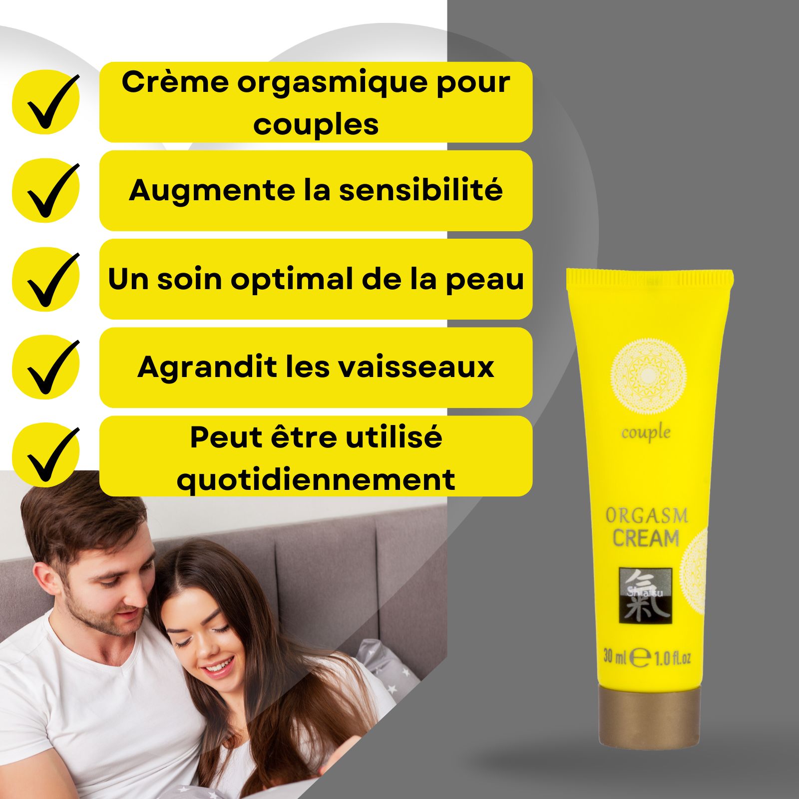Crème Orgasme Shiatsu pour couples: Augmente sensibilité, soin peau, dilate vaisseaux.