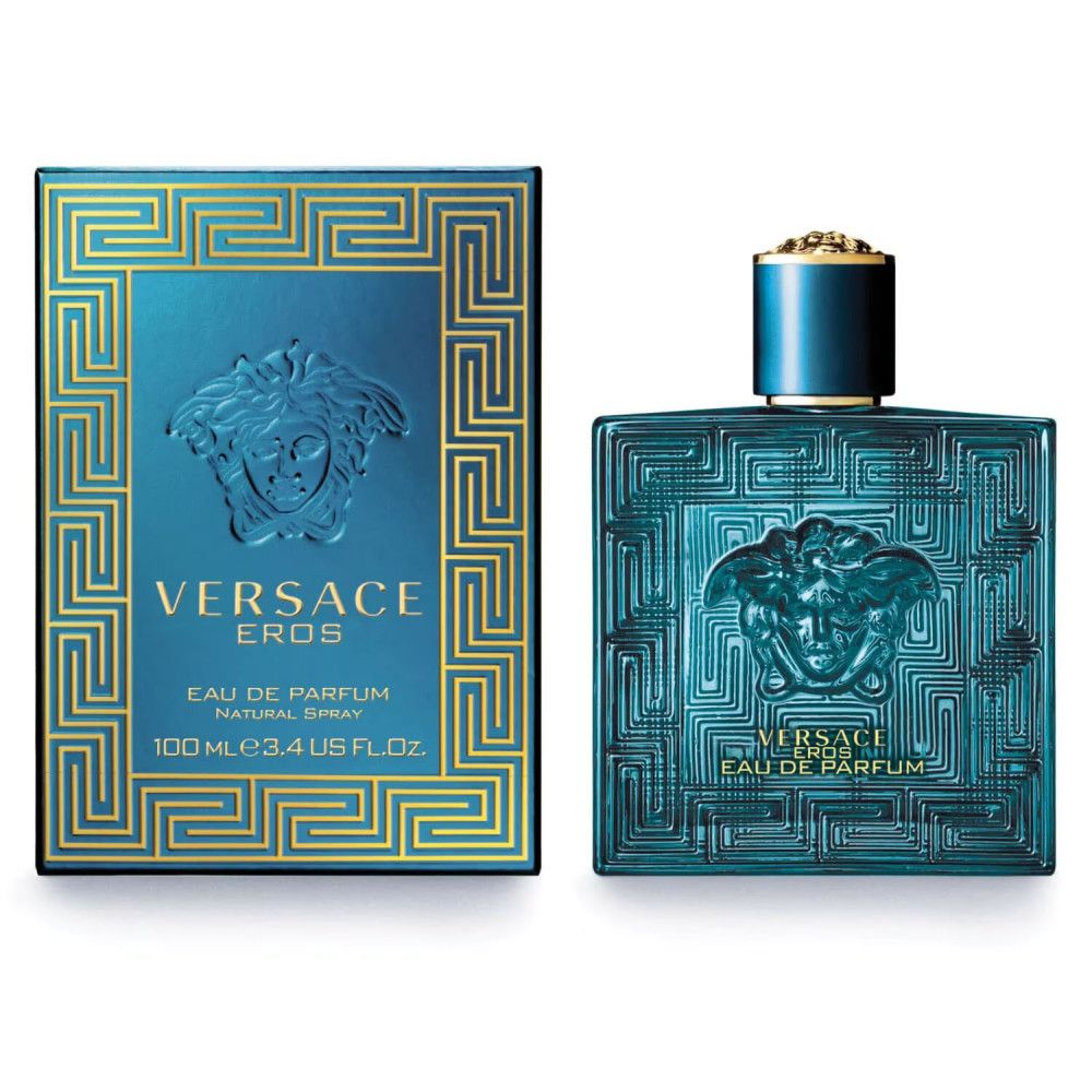 Flacon et boîte turquoise. Inscription: VERSACE EROS. Eau de Parfum. 100 ml.