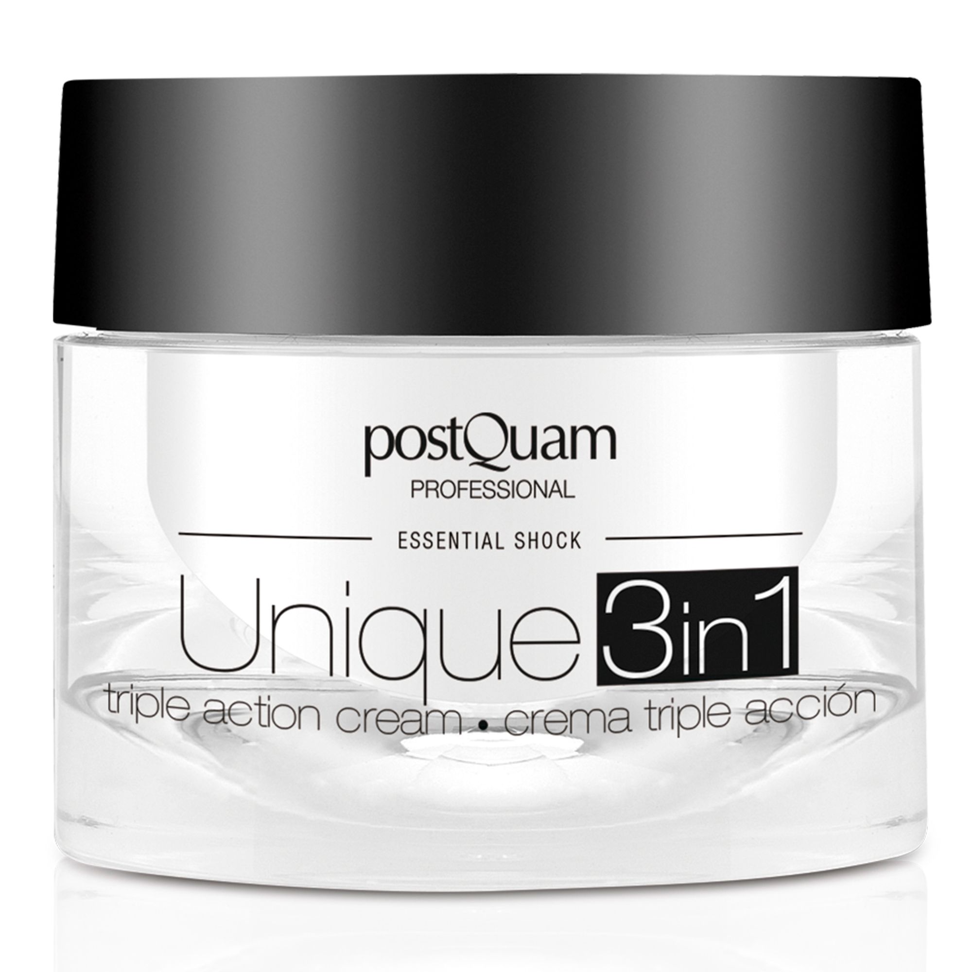 Pot de crème avec couvercle noir. Inscription : Postquam Professional, Unique 3in1. Crème triple action.