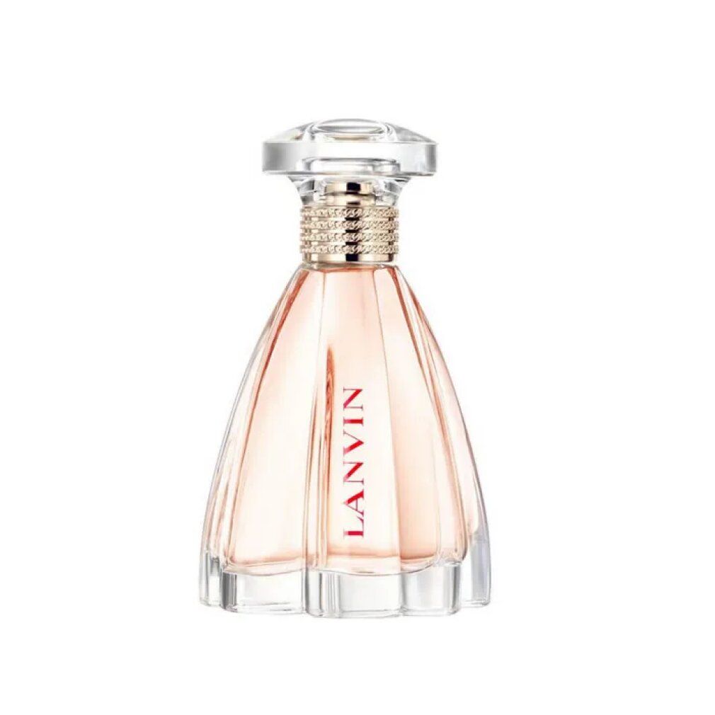 Flacon de parfum avec bouchon transparent et anneau doré. Le flacon contient un liquide rose et le mot LANVIN.