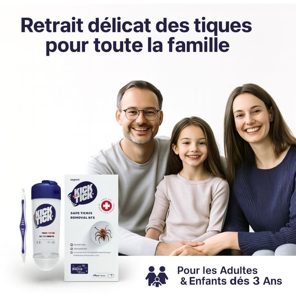 Famille souriante avec enfant. Produit : Kick the Tick, kit d'extraction de tiques. Contient spray et pince. Texte : Pour toute la famille.