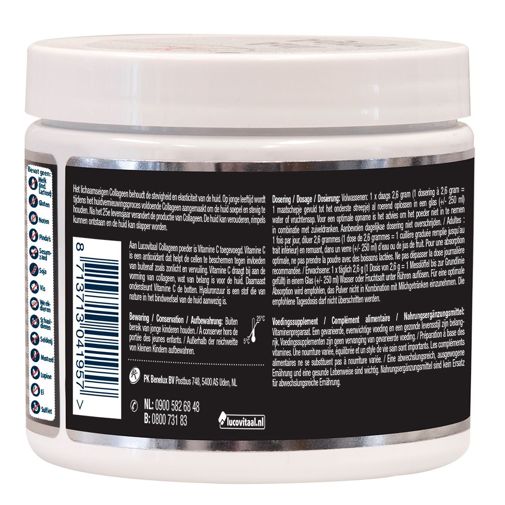 Dos du pot de produit blanc. Étiquette noire avec texte multilingue. Code-barres et coordonnées.