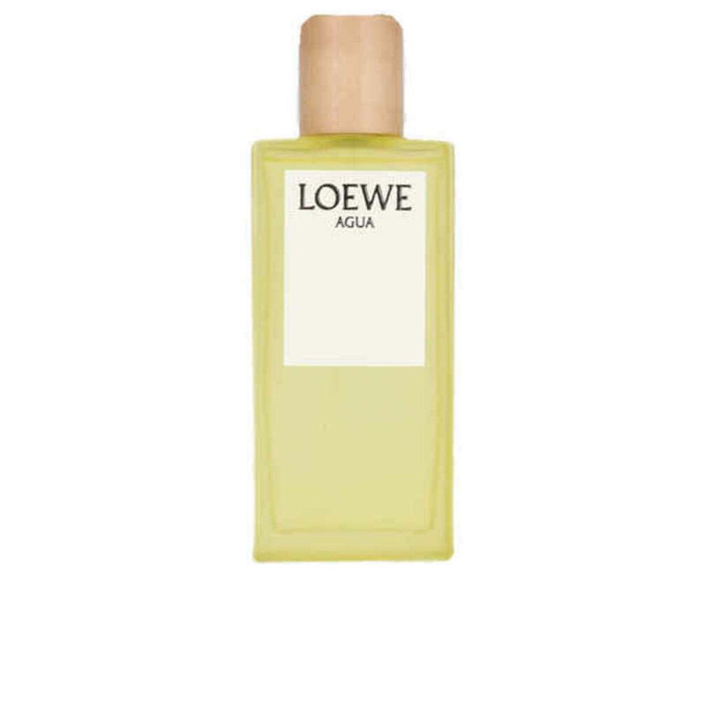Loewe Agua Eau de Toilette fles. Rechthoekige fles met houten dop. Wit etiket met logo.