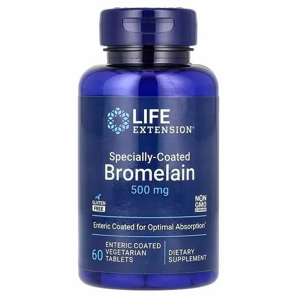 Bouteille bleue de Life Extension Bromélaïne spécialement enrobée 500 mg. Sans gluten, sans OGM.