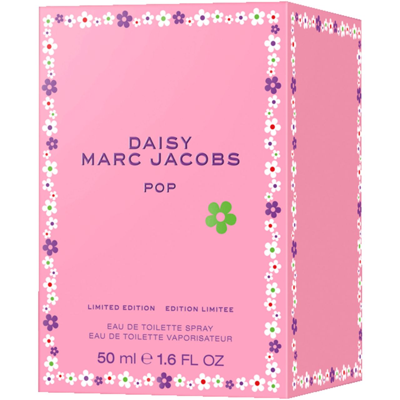 Roze verpakking met bloemmotief. Opschrift: Daisy Marc Jacobs Pop. Limited Edition. 50 ml.