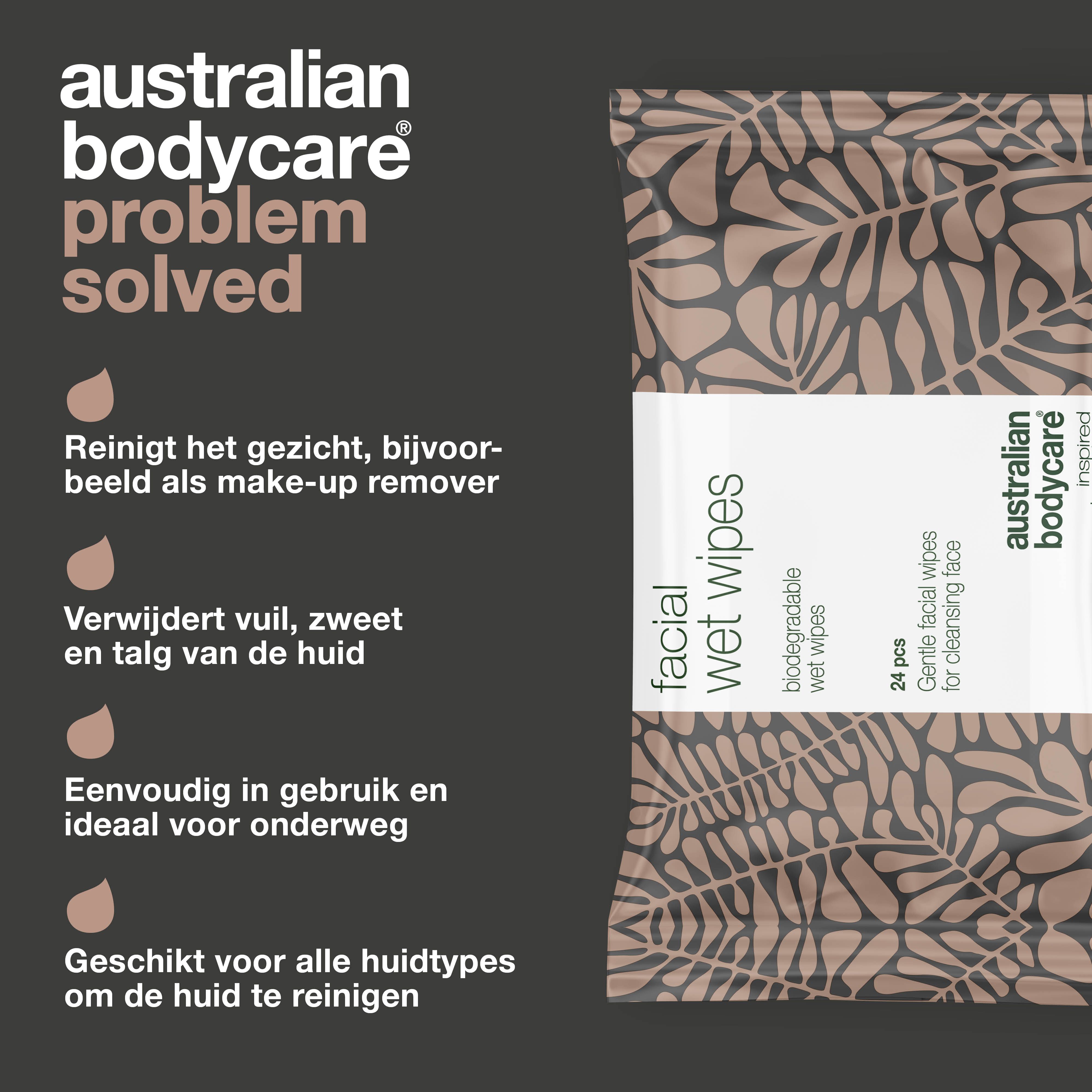 Verpakking met make-up doekjes van Australian Bodycare. 24 stuks. Citaat en 5-sterren beoordeling.