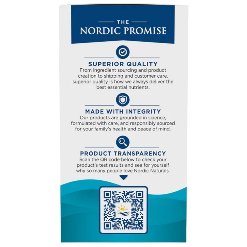Zijkant van de Nordic Naturals verpakking met informatie over kwaliteit, integriteit en transparantie.