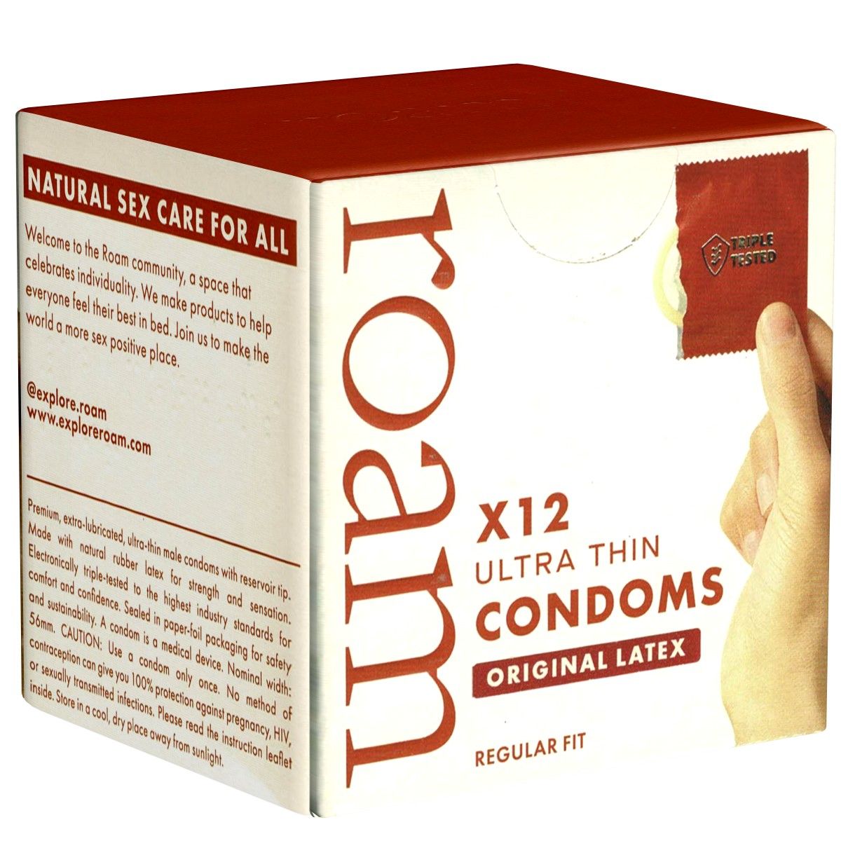 Verpakking van ROAM X12 Ultra Thin Condoms Original Latex. Tekst: Regular Fit. Verpakking wit met rode accenten.