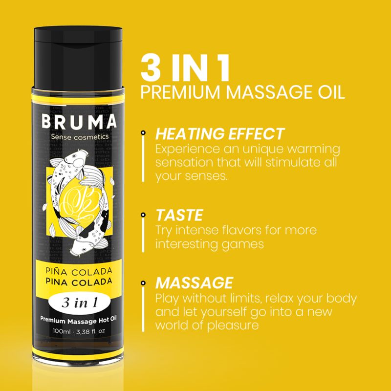 BRUMA 3 in 1 Pina Colada massageolie fles met beschrijving van kenmerken.