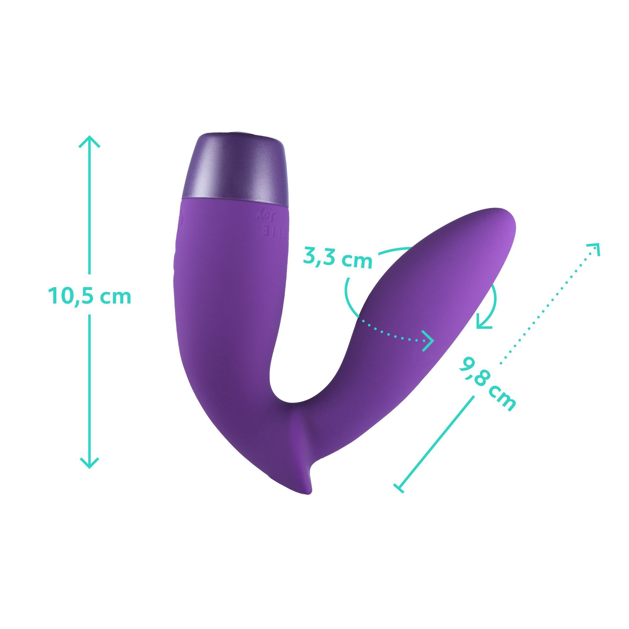 Produit de bien-être violet avec mesures. Hauteur 10,5 cm, largeur 9,8 cm, poignée 3,3 cm.