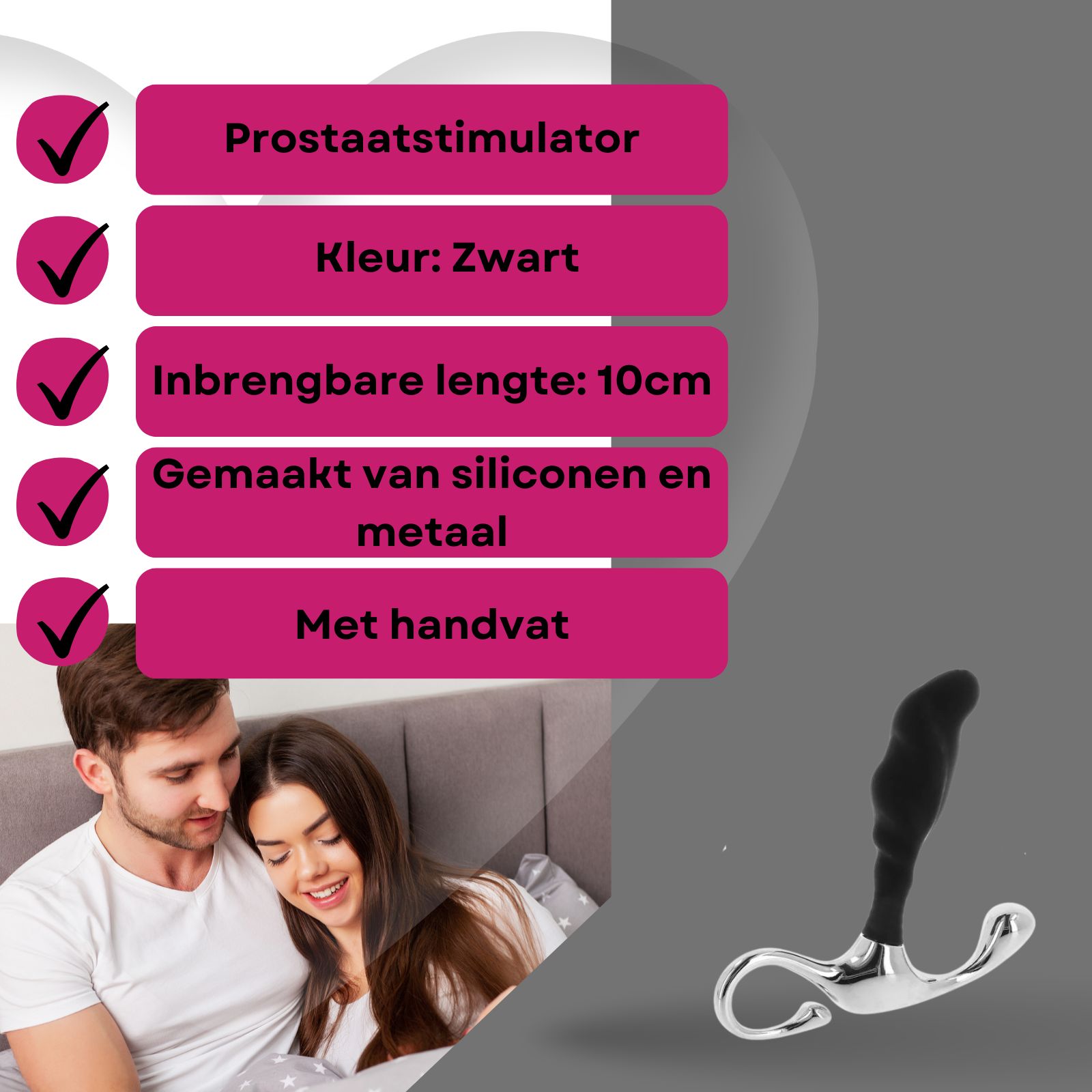 Zwarte prostaatstimulator van siliconen en metaal, 10cm inbrengbare lengte, met handvat.