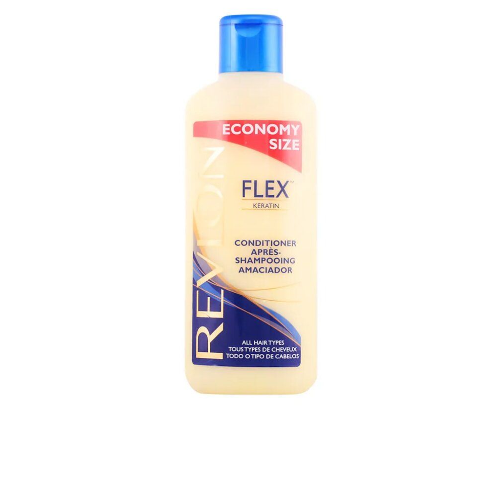 Flacon beige à bouchon bleu. Inscriptions: Revlon, Flex Keratin, Conditioner, Tous types de cheveux.