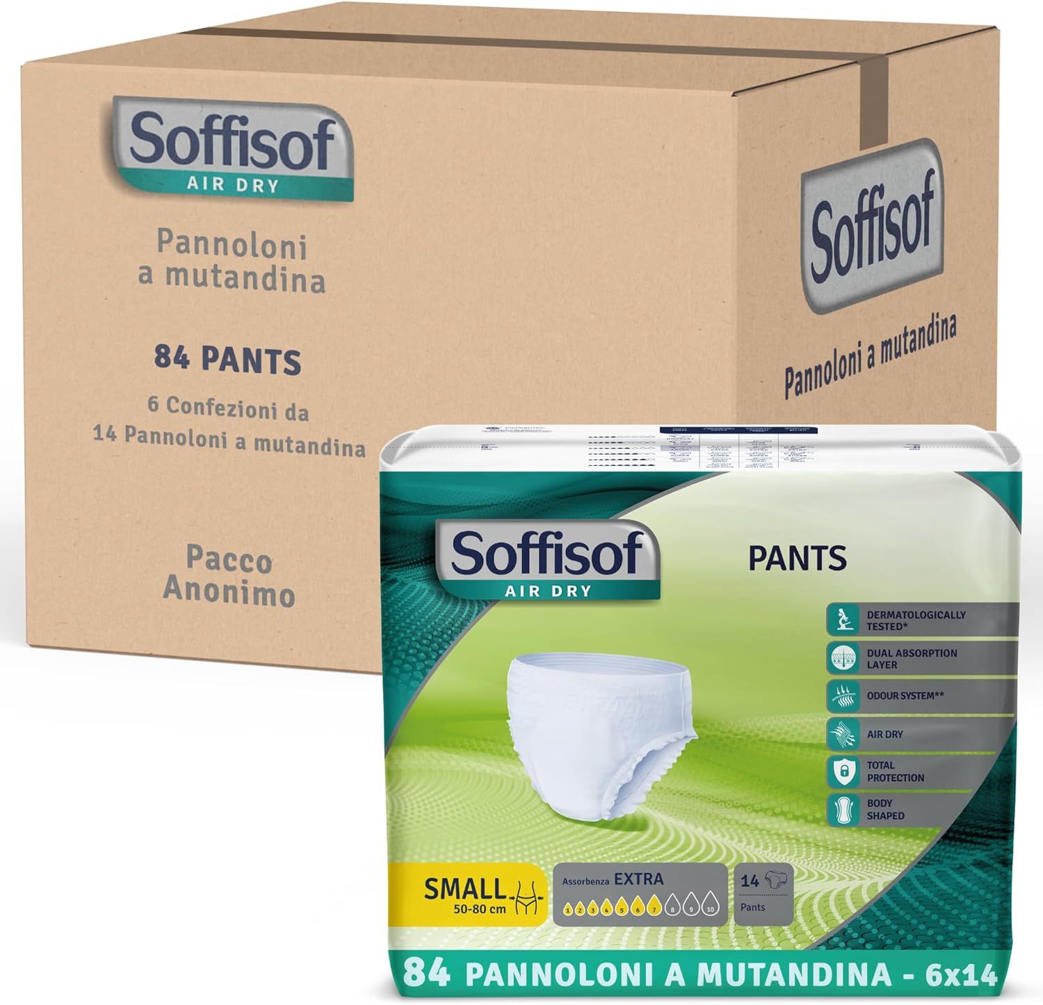 Carton de Soffisof Pants Extra et un paquet. Inscription : 84 Pants, 6 paquets de 14 Pants. Emballage anonyme.