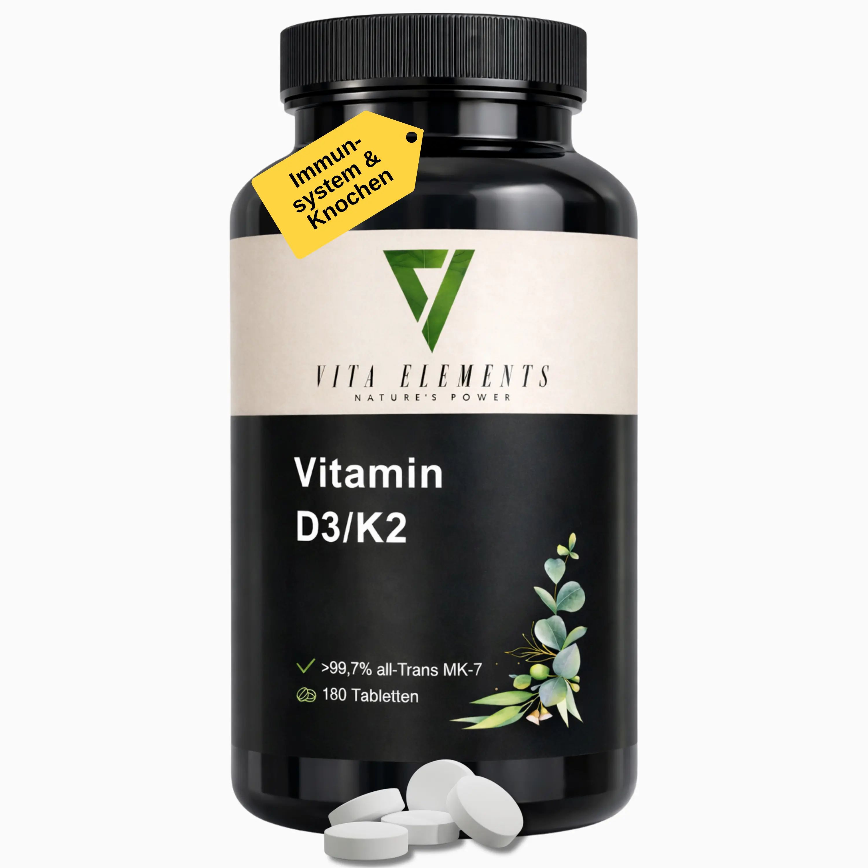 Flacon noir de comprimés Vita Elements Vitamine D3/K2, 180 pièces. Étiquette jaune : Système immunitaire et os.