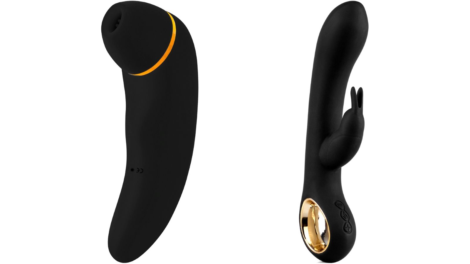 Twee wellnessproducten. Links: zwart, gebogen met gele accenten. Rechts: zwart, gebogen met konijnenoren en gouden ring.