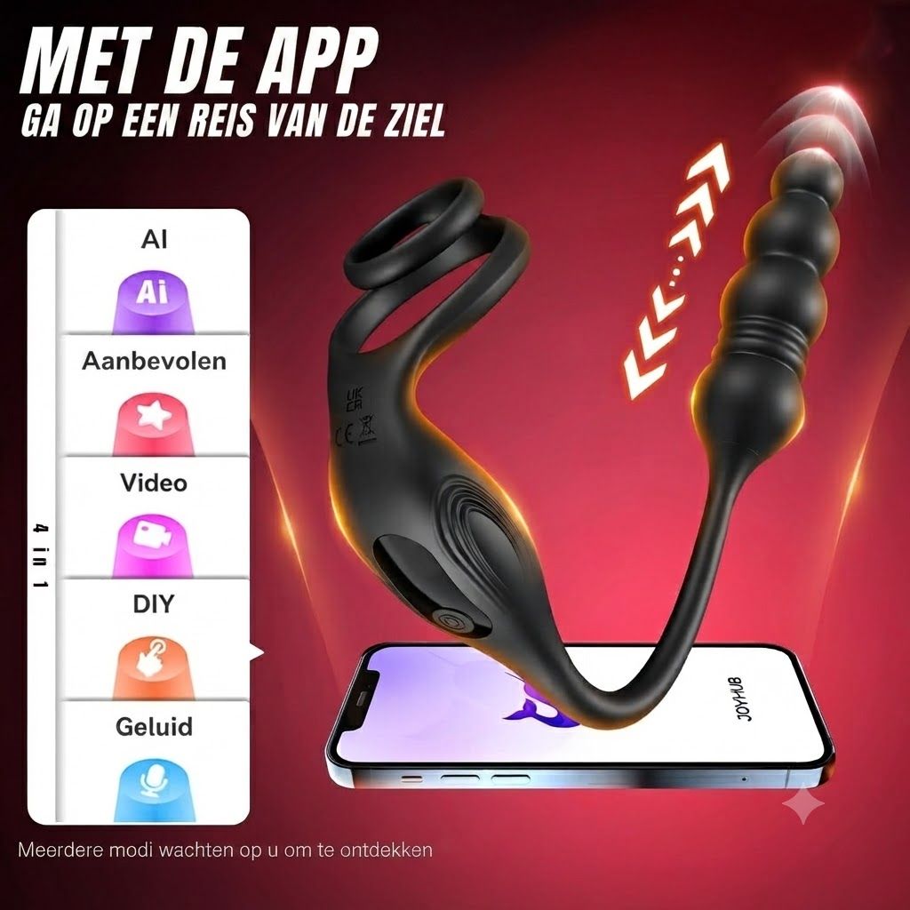Zwarte vibrator met app-bediening en diverse modi zoals AI, Video en Geluid.