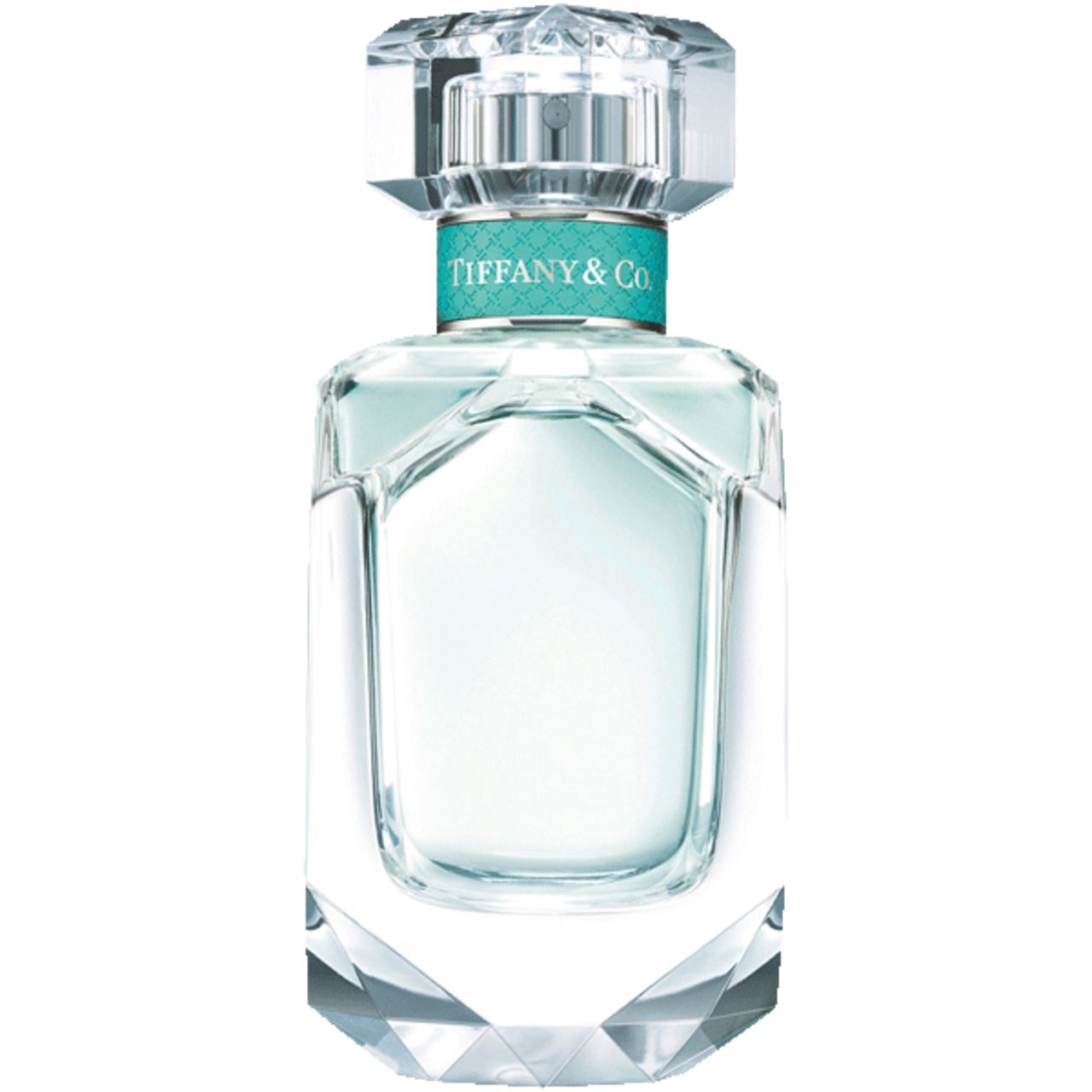 Flacon Tiffany & Co. en verre, base et bouchon facettés. Ruban turquoise avec logo. Liquide transparent.