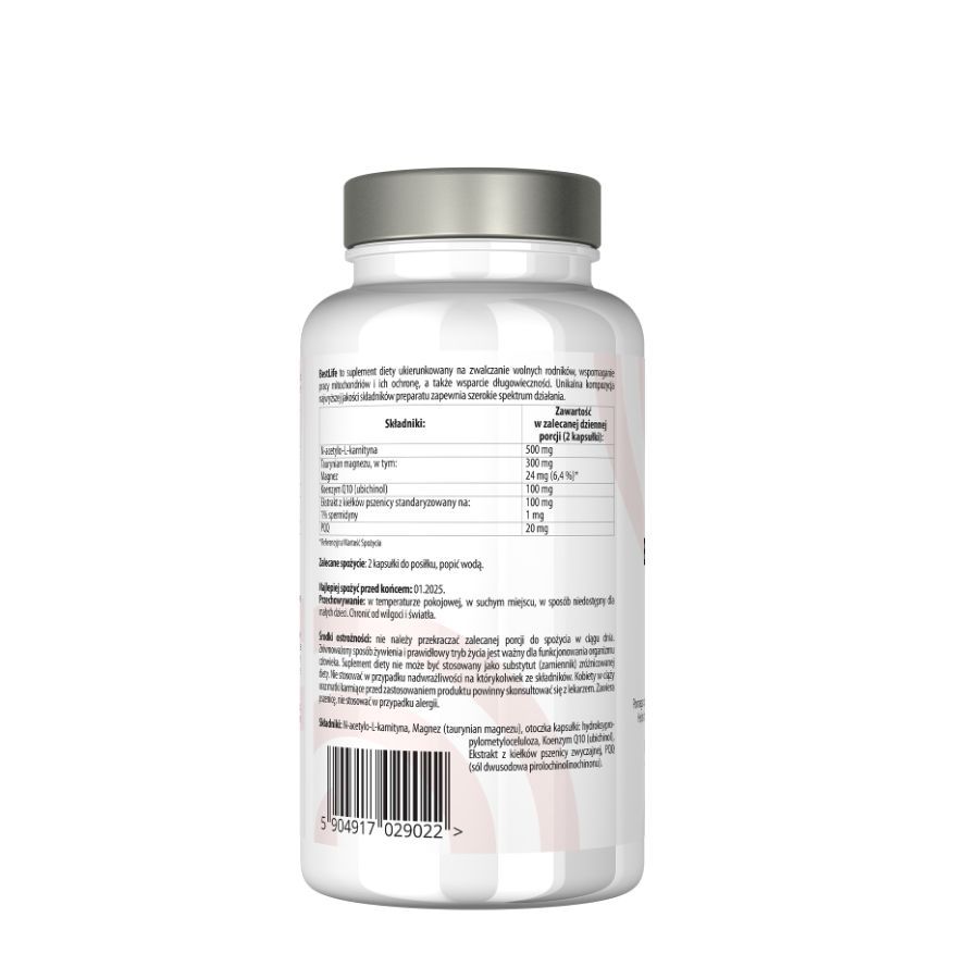 Achterkant van een witte fles met zilveren dop. Bevat informatie over ingrediënten en voedingswaarde. Streepjescode onderaan.