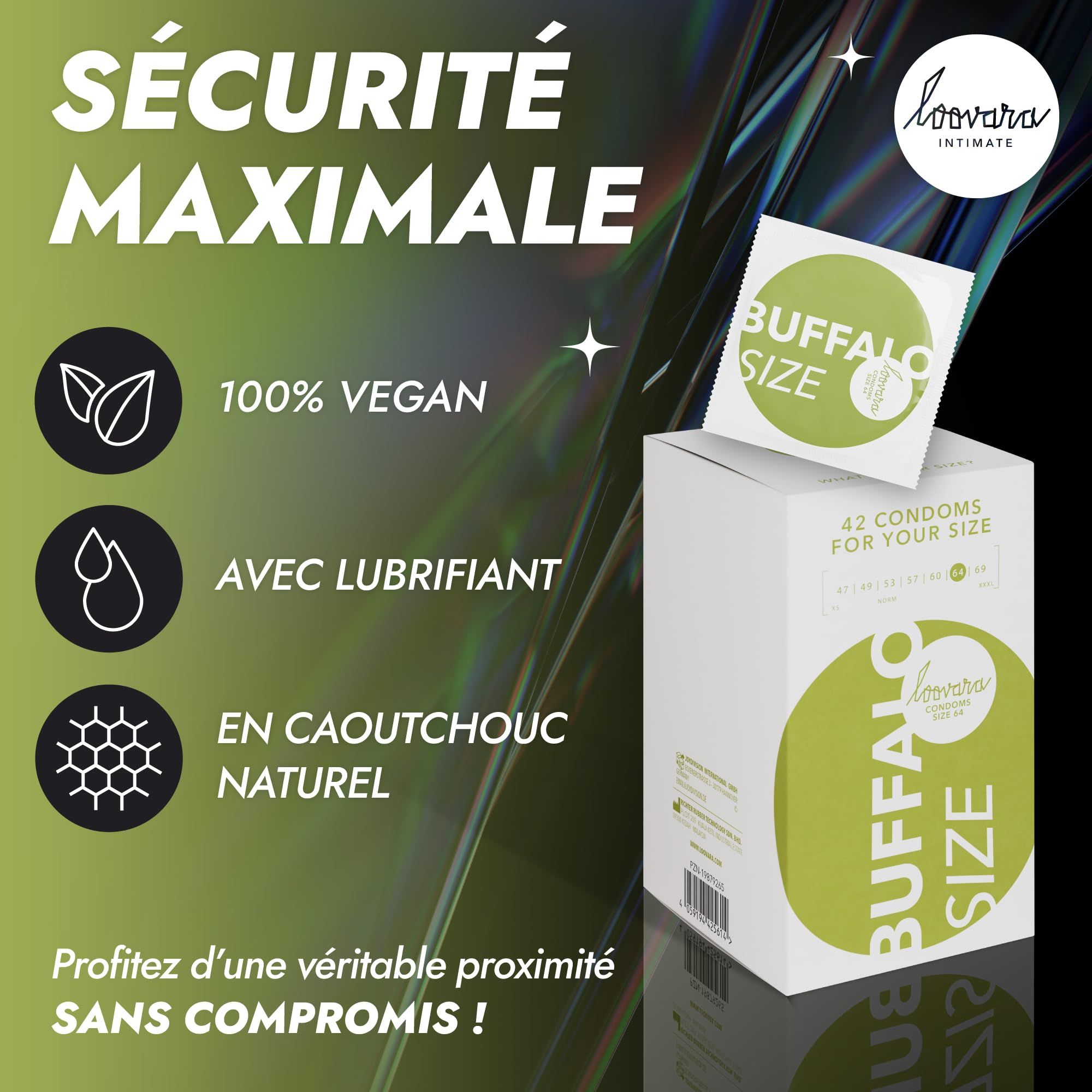 Préservatifs Loovara : 42 pièces, avec lubrifiant, en caoutchouc naturel.