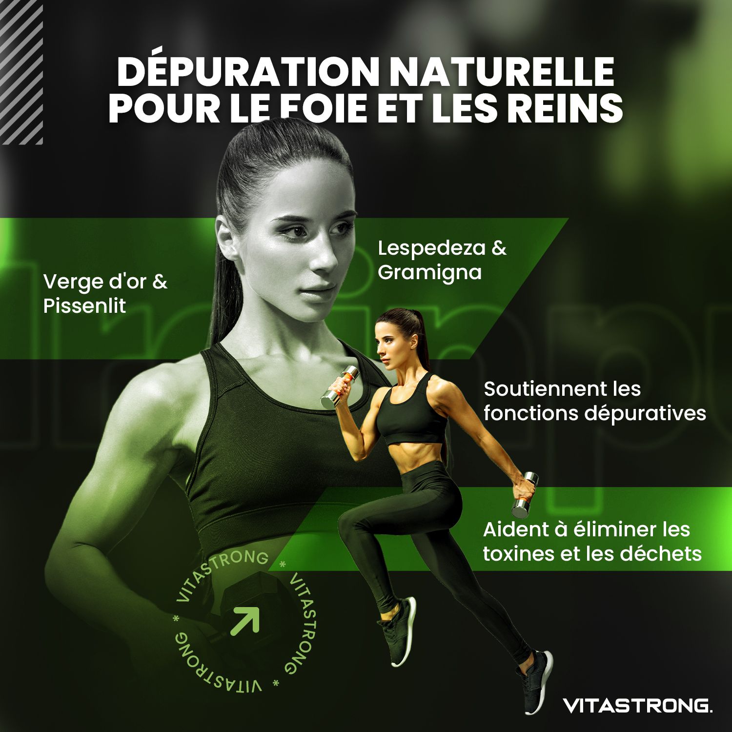 Vrouw aan het trainen. Tekst: Natuurlijke ontgifting voor lever en nieren. Vitastrong. Groen-wit design. Lespedeza & Kweek.