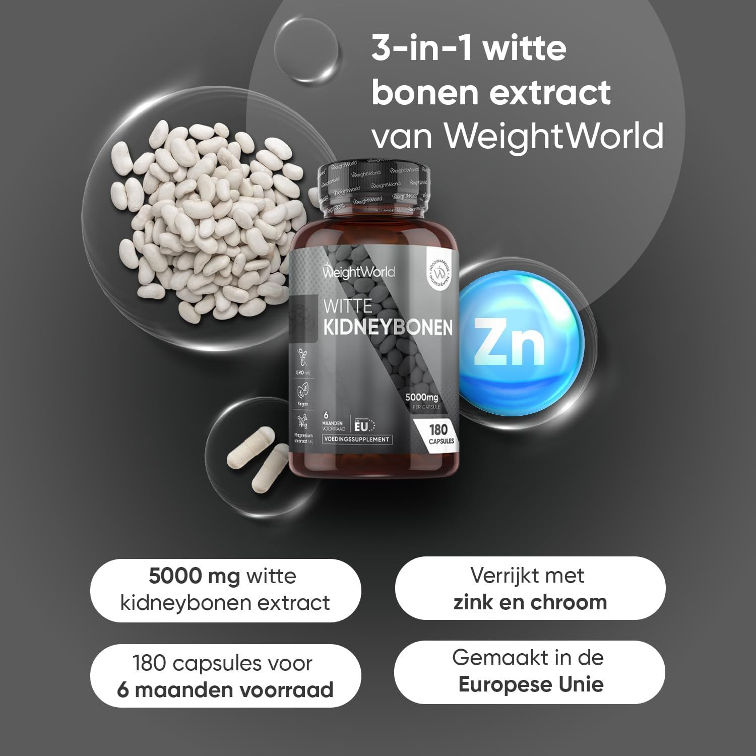 Fles witte kidneybonenextract, 5000mg, 180 capsules, verrijkt met zink en chroom.