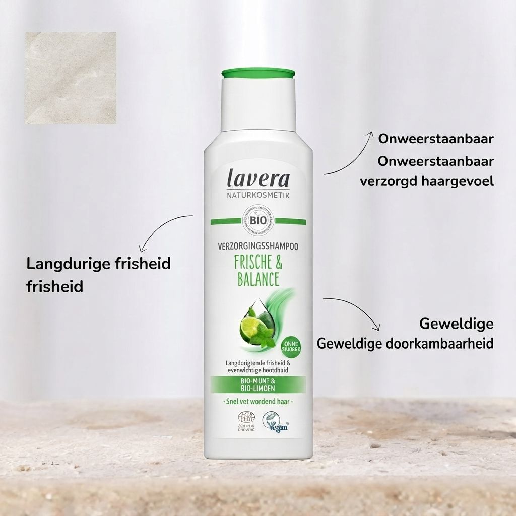 Fles Lavera Frische & Balance shampoo met aanduidingen voor biologische munt en biologische limoen. Tekst in Nederlands en Frans.
