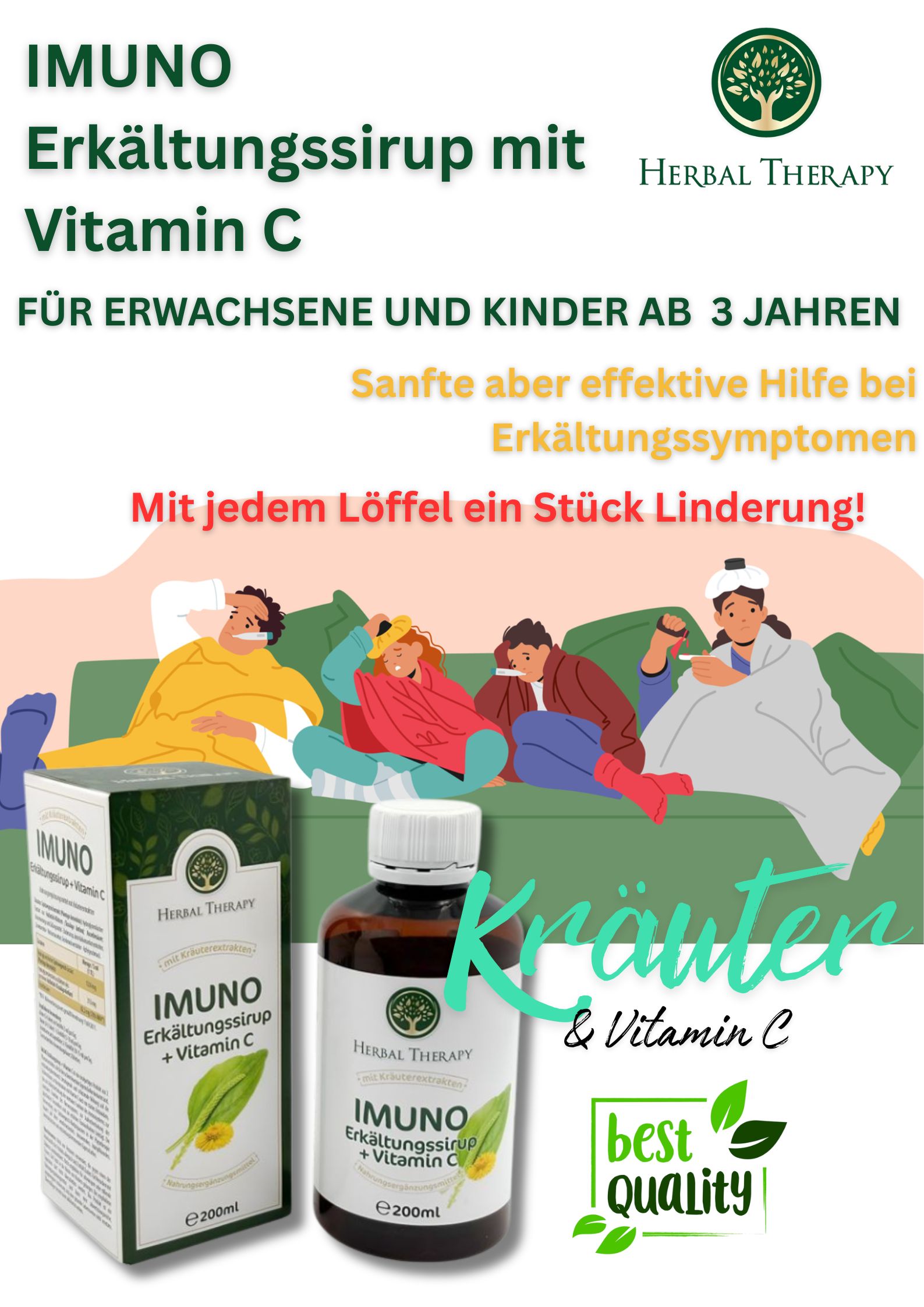 Personnes sur un canapé. Bouteille et boîte avec inscription : IMUNO Erkältungssirup + Vitamine C. Logo Herbal Therapy.