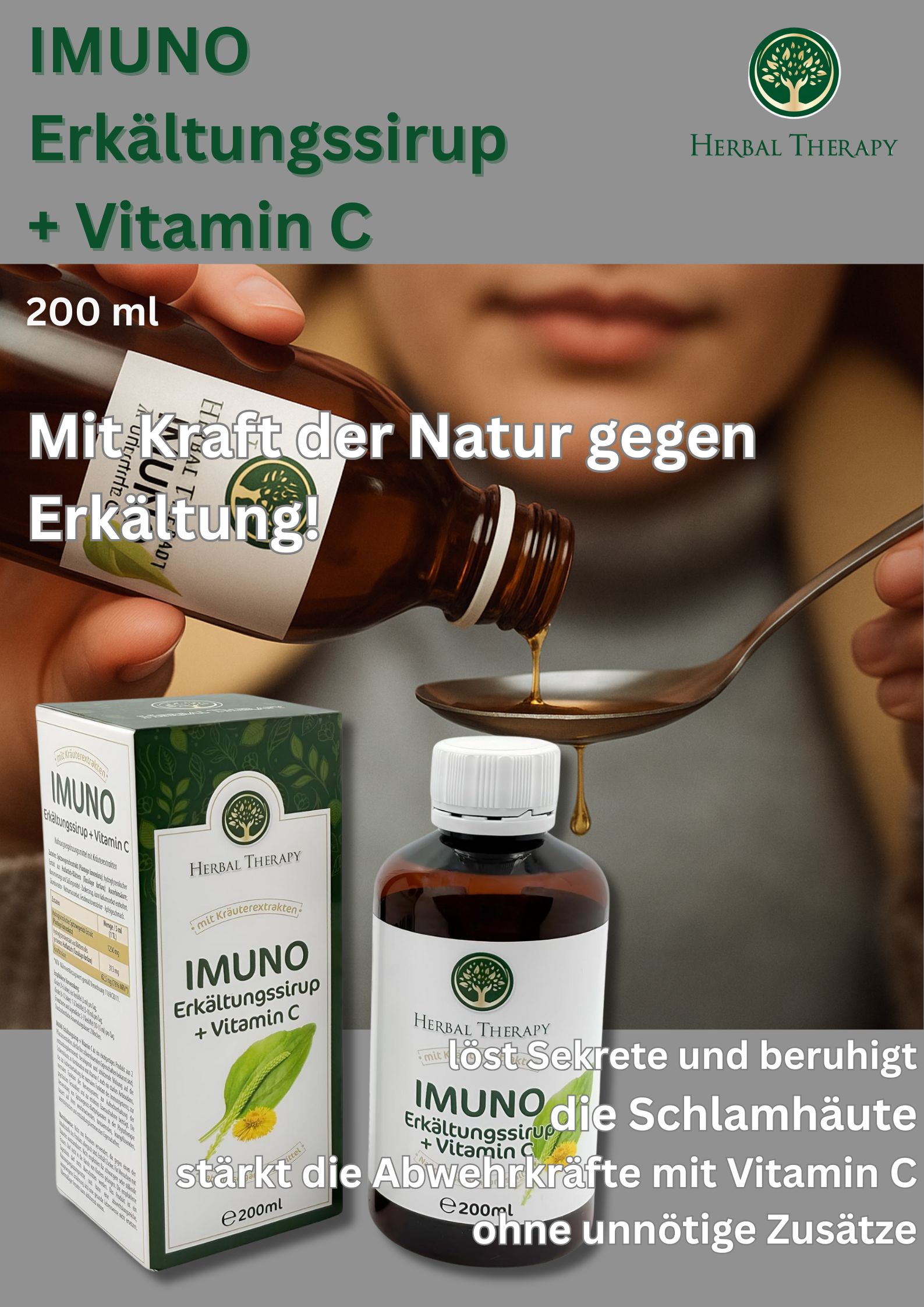 Sirop versé dans une cuillère. Bouteille et boîte avec inscription : IMUNO Erkältungssirup + Vitamine C. E200ml.