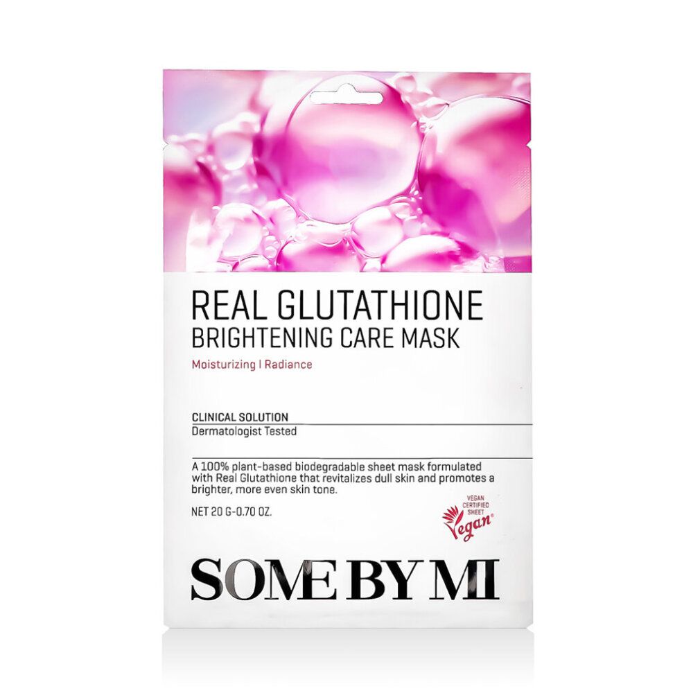 Emballage du masque de soin éclaircissant Some By Mi Real Glutathione avec motif de bulles.