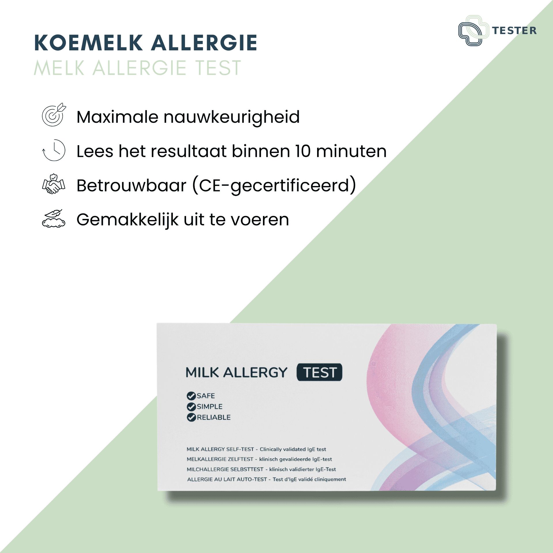 Melkallergie testkit met testcassette, pipet, lancet en monsterbuisje.
