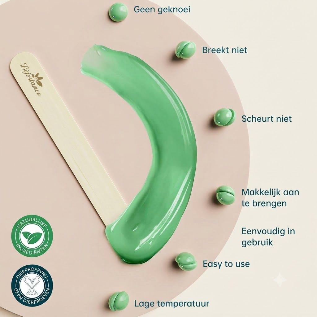 Groene waxpasta op houten spatel met kleine groene bolletjes.