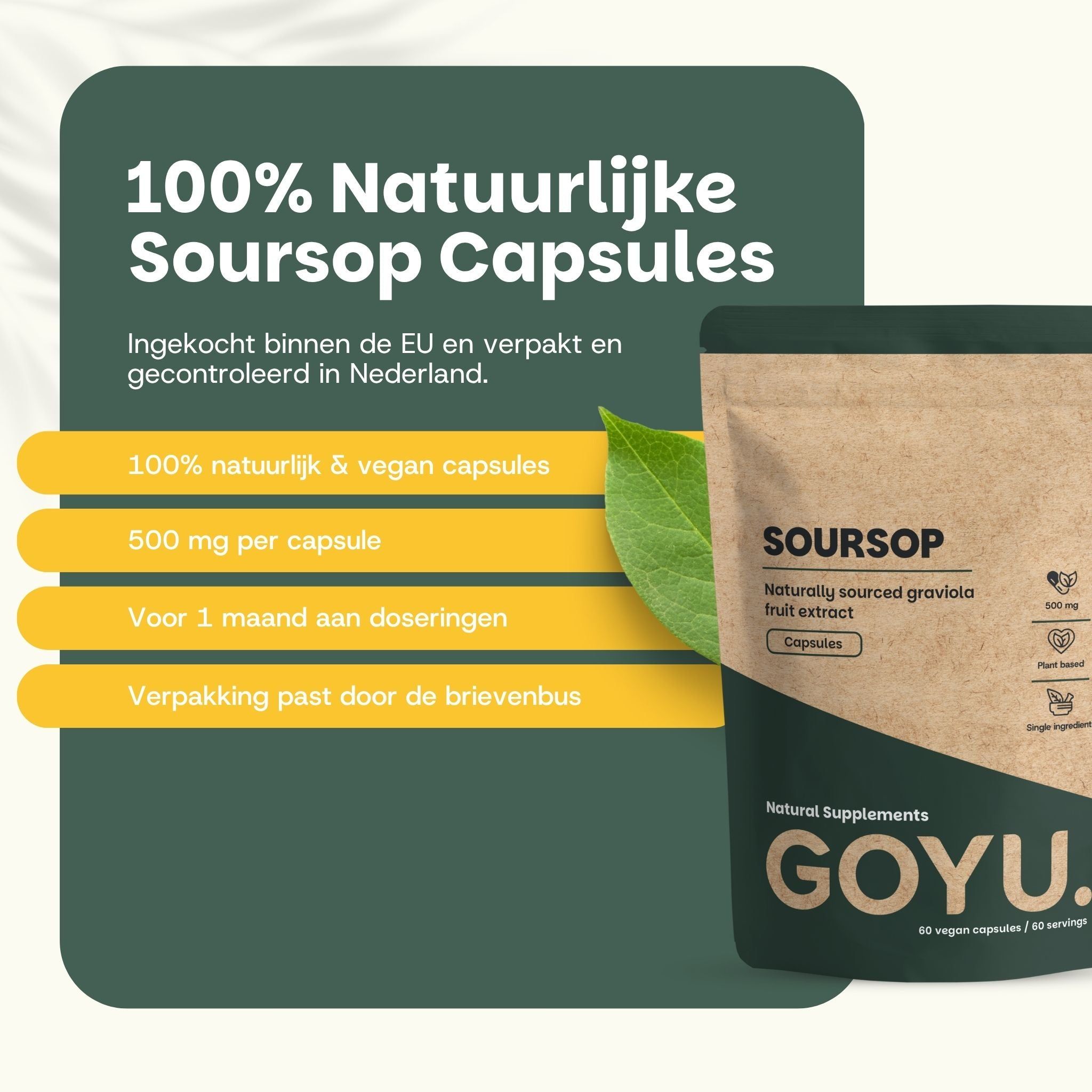 100% natuurlijke Soursop-capsules: 500 mg, vegan, voor 1 maand, past door de brievenbus.