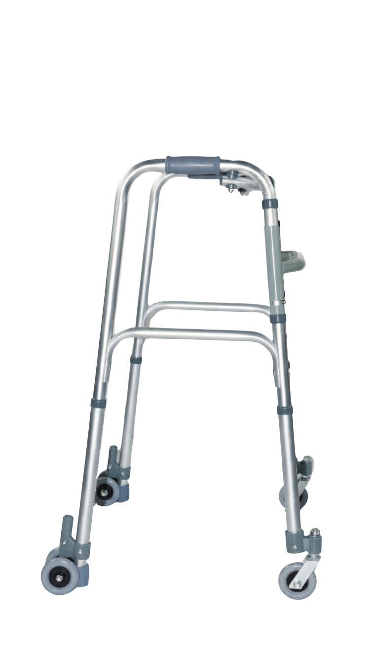 Rollator van aluminium met vier wielen. Dubbele achterwielen, zwenkbare voorwielen. Grijze handgrepen en details.
