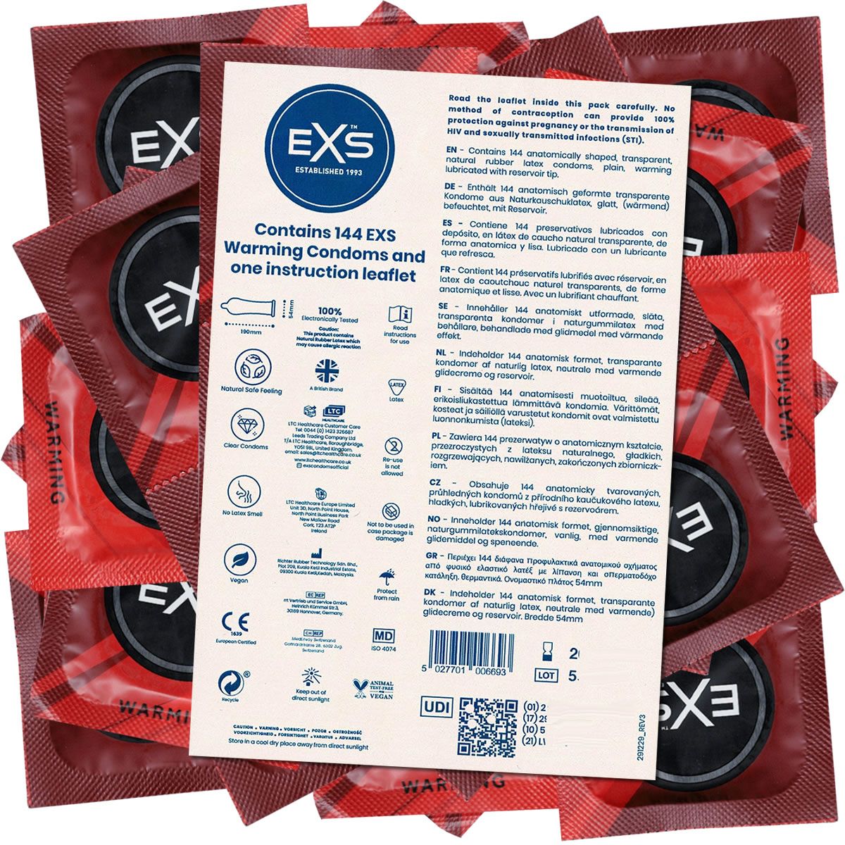 Emballage de 144 préservatifs EXS Warming et une notice. Emballages individuels rouges avec informations produit.