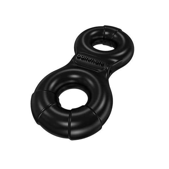 Zwarte dubbele ring van rubber. Twee ringen verbonden door een middenstuk. De merknaam is zichtbaar.