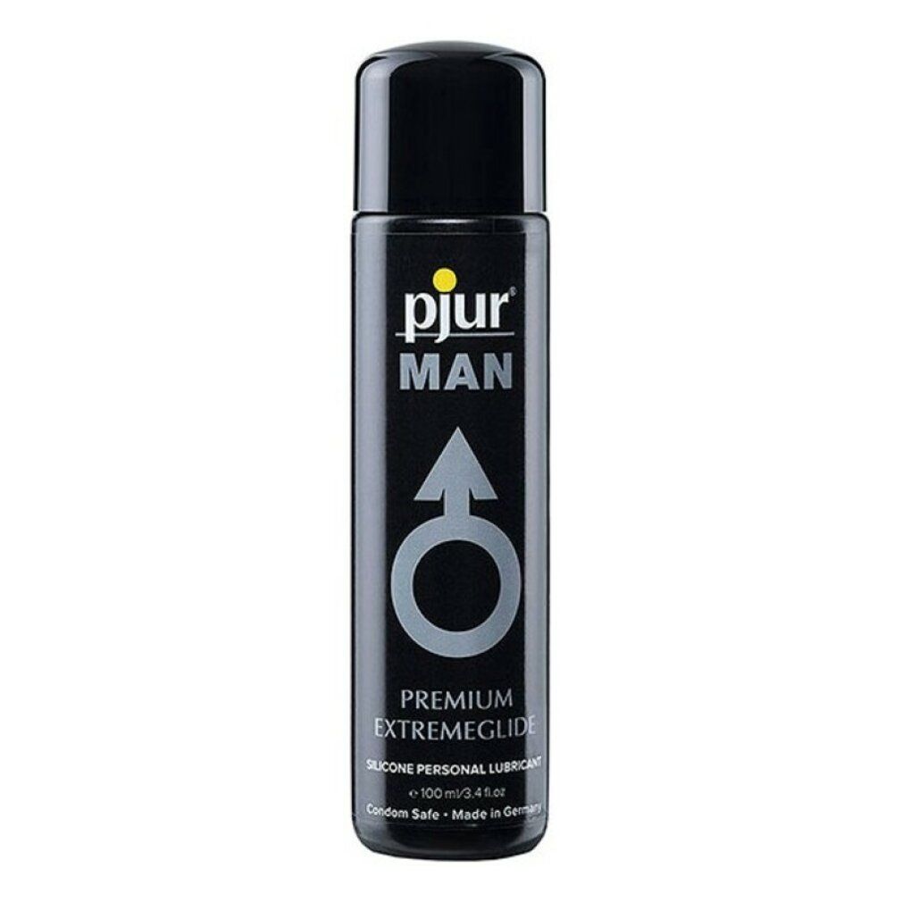 Zwarte fles met geel logo. Productnaam: pjur MAN Extreme Glide. Mannelijkheidssymbool. Siliconenbasis.
