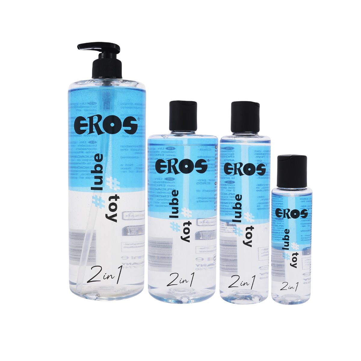 Plusieurs flacons noirs. Inscription: EROS, #lube, #toy, 2en1. Liquide transparent.