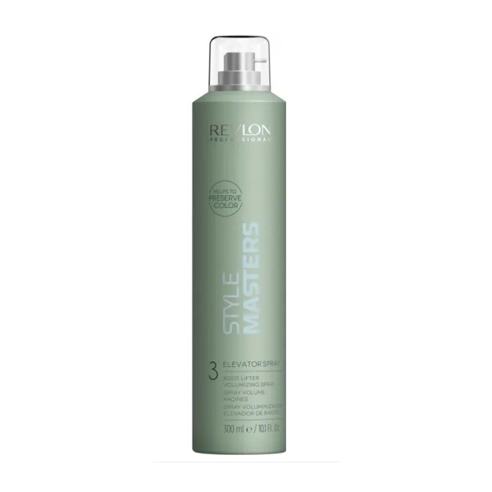 Flacon de spray vert avec tête de pulvérisation blanche. Inscriptions: Revlon, Style Masters, Elevator Spray, Root Lifter. Volume: 300 ml.