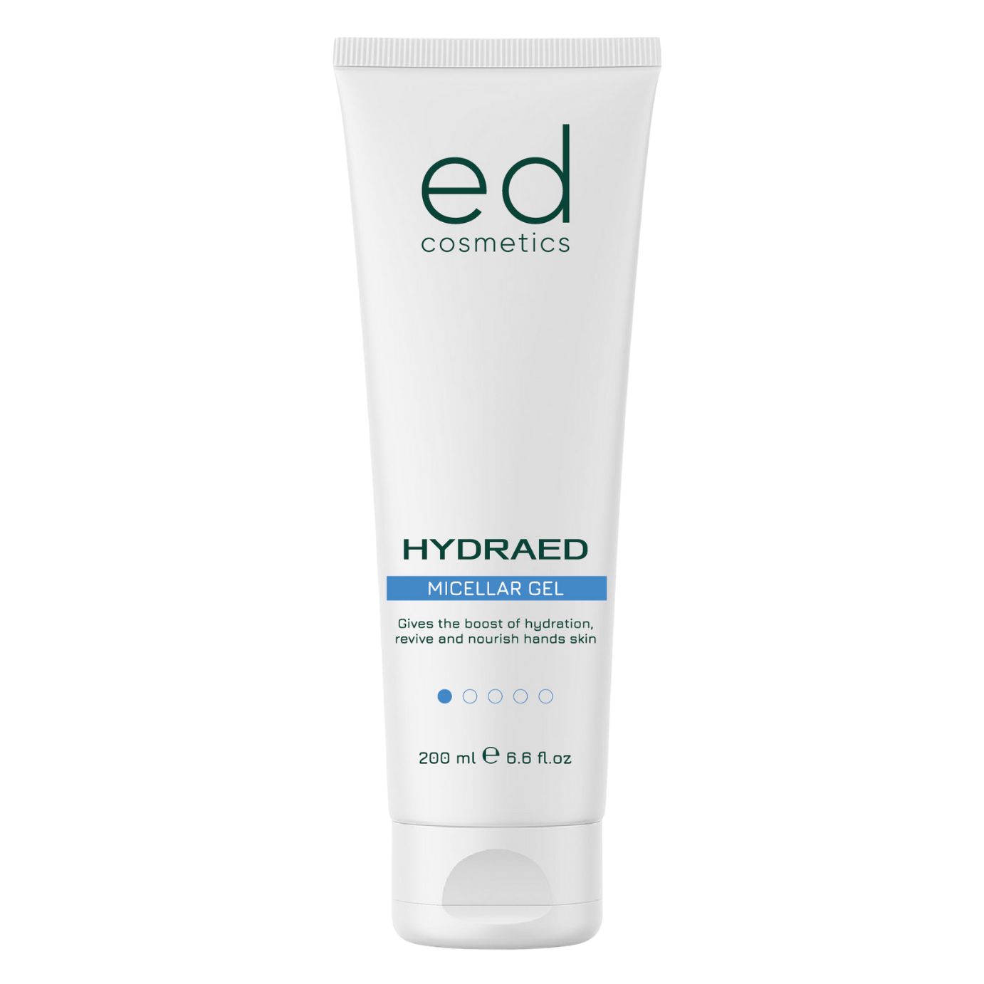 Tube blanche avec logo "ed cosmetics" vert. "HYDRAED MICELLAR GEL" et bande bleue. 200 ml.